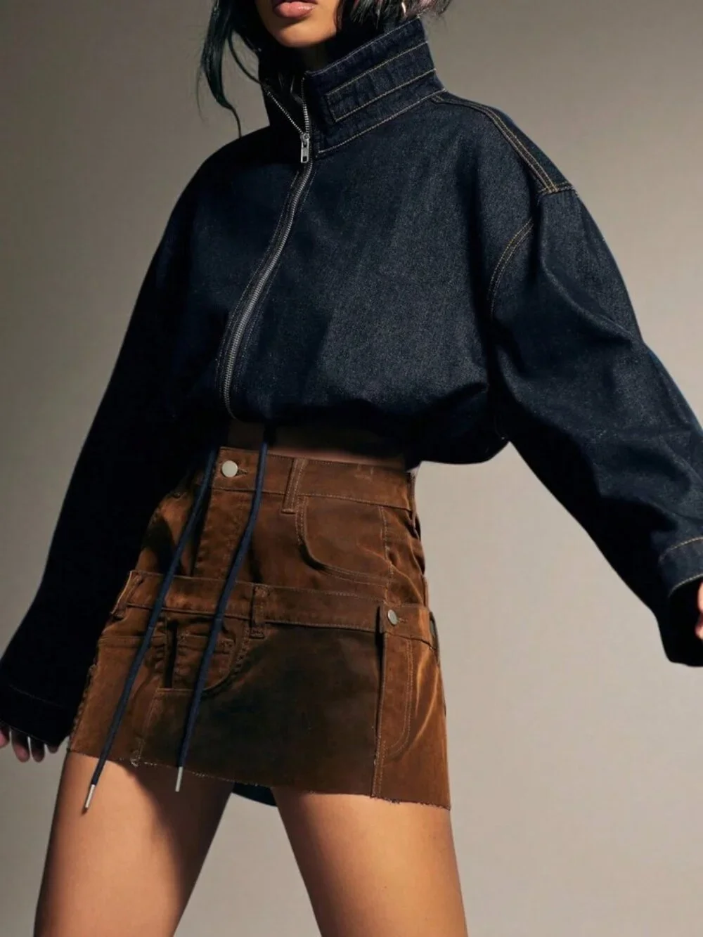 Dark Wash Casual Women's Cropped Denim Jacket with Elastic Waist & Zip Front